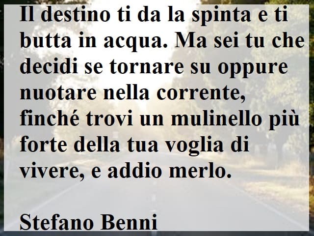 Il destino ti da la spinta e ti butta in acqua. Ma sei tu che decidi se tornare su oppure nuotare nella corrente, finché trovi un mulinello più forte della tua voglia di vivere, e addio merlo. (Stefano Benni)