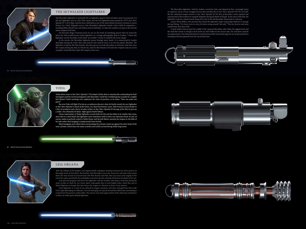 Le pagine delle spade laser di Anakin Skywalker, Yoda e Leia Organa Skywalker