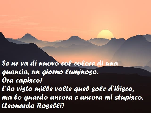 Se ne va di nuovo col colore di una guancia, un giorno luminoso. Ora capisco! L’ho visto mille volte quel sole d’ibisco, ma lo guardo ancora e ancora mi stupisco. (Leonardo Roselli)