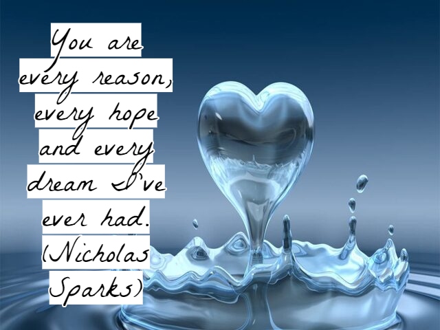 You are every reason, every hope and every dream I’ve ever had.(Tu sei ogni ragione, ogni speranza e ogni sogno che abbia mai avuto).(Nicholas Sparks)