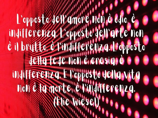 L’opposto dell’amore non è odio, è indifferenza. L’opposto dell’arte non è il brutto, è l’indifferenza. L’opposto della fede non è eresia, è indifferenza. E l’opposto della vita non è la morte, è l’indifferenza.(Elie Wiesel)