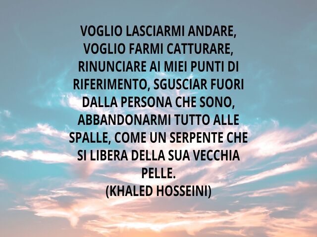 Voglio lasciarmi andare, voglio farmi catturare, rinunciare ai miei punti di riferimento, sgusciar fuori dalla persona che sono, abbandonarmi tutto alle spalle, come un serpente che si libera della sua vecchia pelle.(Khaled Hosseini)