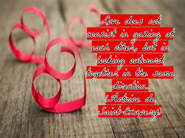 Love does not consist in gazing at each other, but in looking outward together in the same direction.(Amare non è guardarsi l’un l’altro, ma guardare insieme nella stessa direzione).(Antoine de Saint-Exupery)