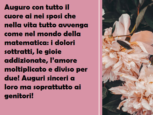Auguro con tutto il cuore ai nei sposi che nella vita tutto avvenga come nel mondo della matematica: i dolori sottratti, le gioie addizionate, l’amore moltiplicato e diviso per due! Auguri sinceri a loro ma soprattutto ai genitori!