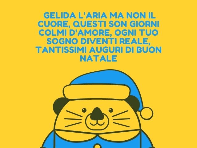 Gelida l'aria ma non il cuore, questi son giorni colmi d'amore, ogni tuo sogno diventi reale, tantissimi auguri di Buon Natale.