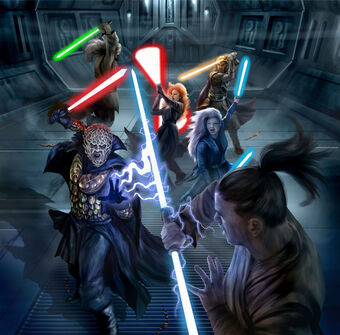 Bane e Zannah, impegnati nel combattimento finale con Valenthyne Farfalla e altri Jedi su Tython