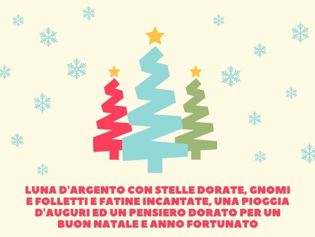 Luna d'argento con stelle dorate, gnomi e folletti e fatine incantate, una pioggia d'auguri ed un pensiero dorato per un buon natale e anno fortunato.