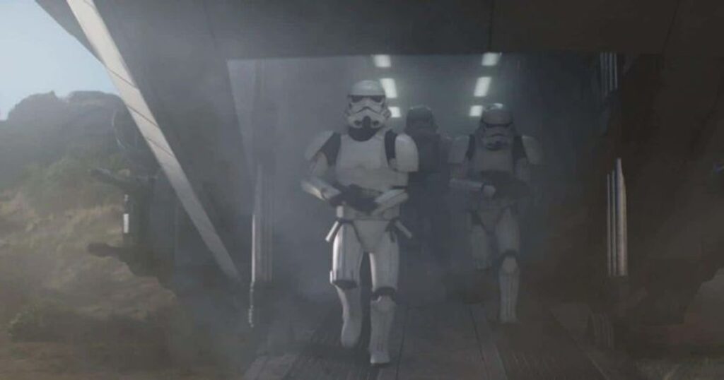 Gli stormtroopers sbarcano su Tython con la navetta trasporto truppe