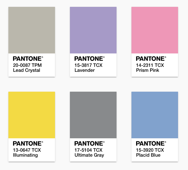 Una delle palette suggerite da Pantone con colori da abbinare a Illuminating e Ultimate GrayCredits: Pantone