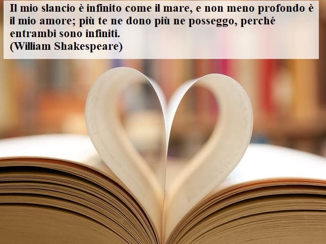 Il mio slancio è infinito come il mare, e non meno profondo è il mio amore; più te ne dono più ne posseggo, perché entrambi sono infiniti.(William Shakespeare)