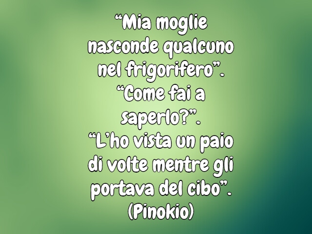 “Mia moglie nasconde qualcuno nel frigorifero”.“Come fai a saperlo?”.“L’ho vista un paio di volte mentre gli portava del cibo”.(Pinokio)