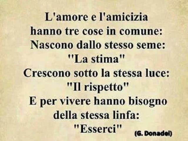 L'amore e l'amicizia hanno tre cose in comune. Nascono dallo stesso seme: "La stima". Crescono sotto la stessa luce: "il rispetto". E per vivere hanno bisogno della stessa linfa: "esserci". (G. Donadel)