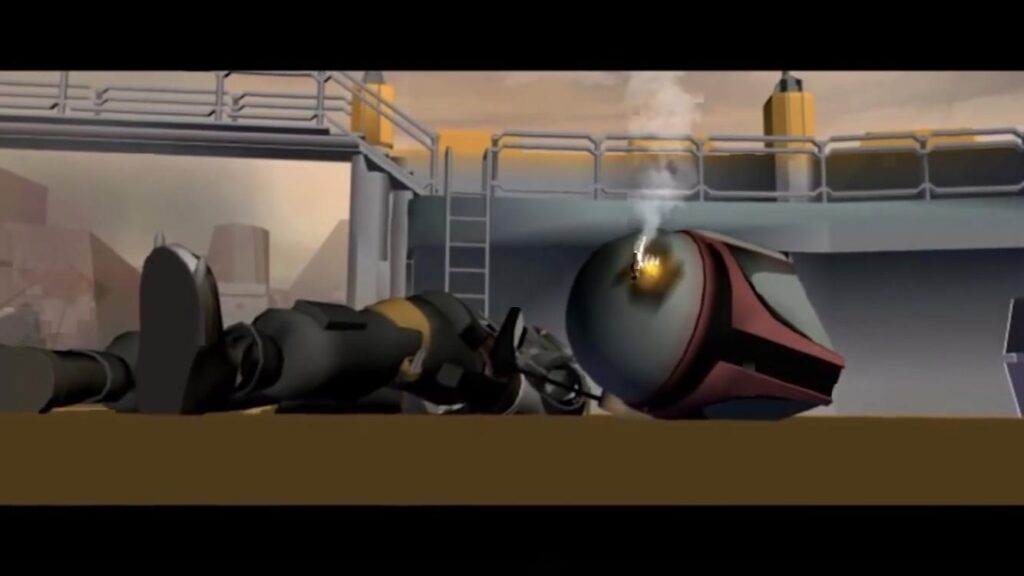 Boba Fett a terra dopo un duello con cad bane, accanto a lui il casco con l'iconica ammaccatura