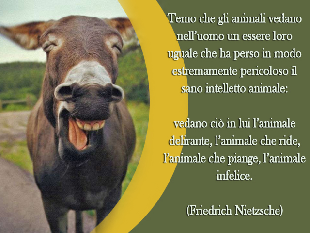 Temo che gli animali vedano nell’uomo un essere loro uguale che ha perso in modo estremamente pericoloso il sano intelletto animale: vedano ciò in lui l’animale delirante, l’animale che ride, l’animale che piange, l’animale infelice.(Friedrich Nietzsche)