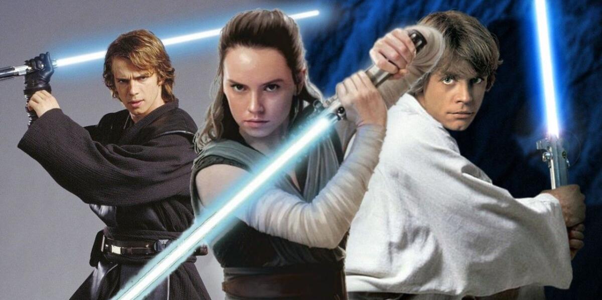 Tutti i personaggi che hanno utilizzato la spada laser di Anakin (canon e legends) - Anakin, Rey e Luke Skywalker.
Da: screenrant