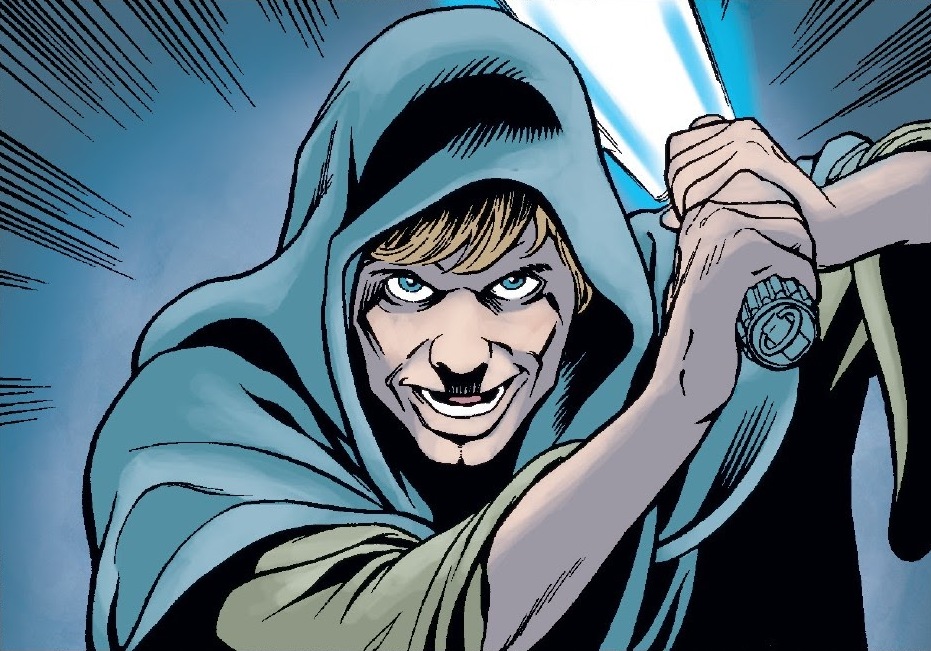 Luuke, il clone di Luke Skywalker, con la spada azzurra in mano