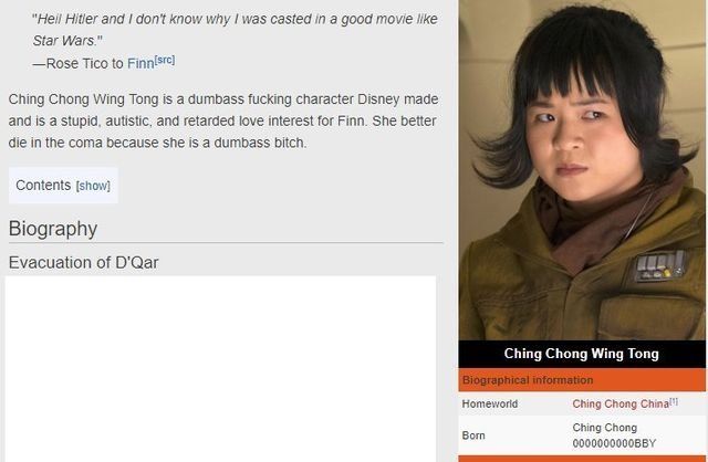 Gli insulti a Rose Tico su Wookieepedia