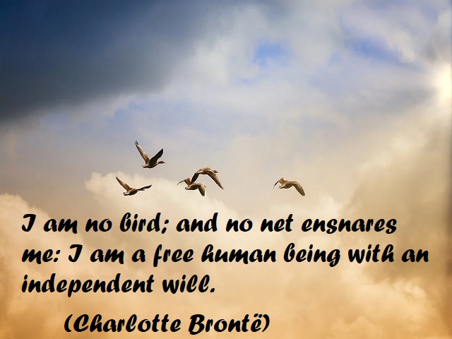 I am no bird; and no net ensnares me: I am a free human being with an independent will. (Non sono un uccello; e nessuna rete mi intrappola: sono un essere umano libero con una volontà indipendente.) (Charlotte Brontë)