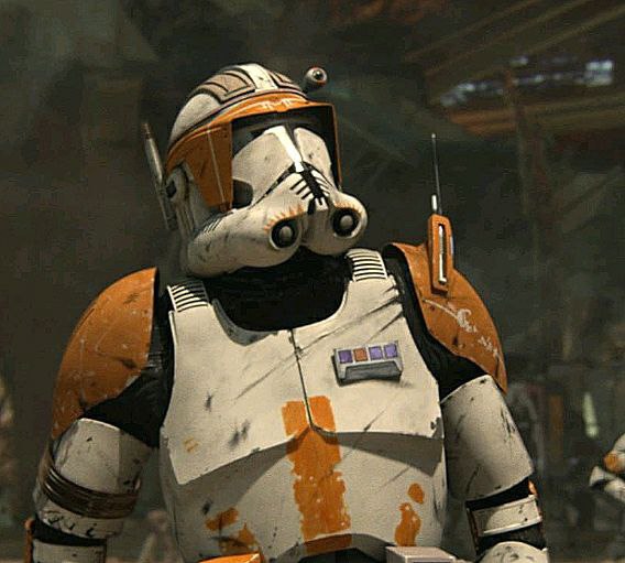 Il comandante Cody in Episodio III (sul lato sinistro del petto, la mostrina da comandante clone)