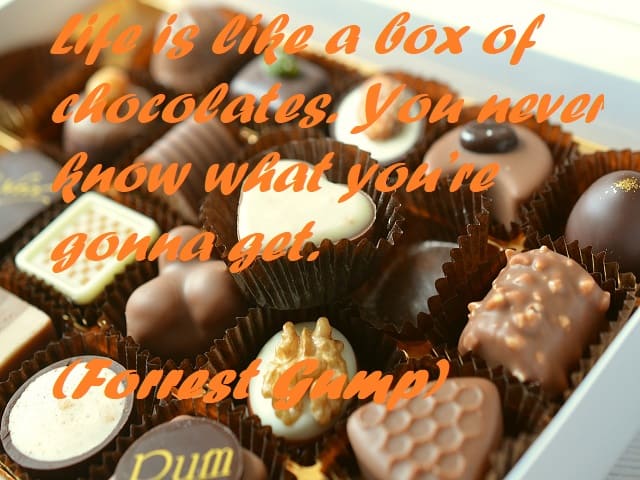 Life is like a box of chocolates. You never know what you’re gonna get. (La vita è come una scatola di cioccolatini, non sai mai quello che ti capita.) (Forrest Gump)