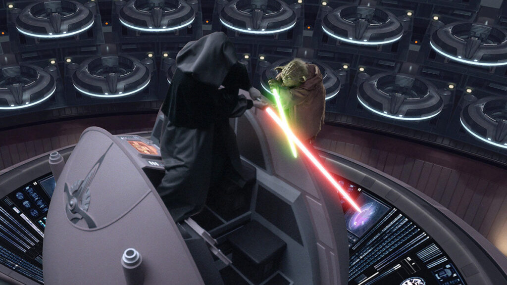 Yoda e Palpatine duellano in Episodio III
