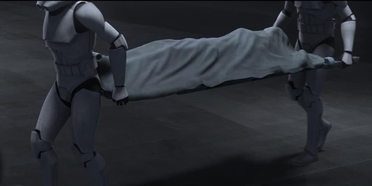 The Bad Batch: chi è il Jedi morto nel primo episodio? - Il corpo del jedi trasportato dai cloni in The Bad Batch