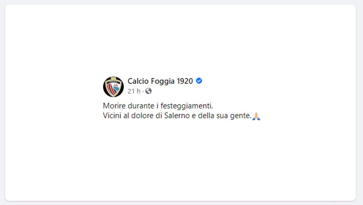 Salerno, ultras perde la vita nei festeggiamenti: il cordoglio del Foggia - Foggia, il post per omaggiare l'ultras morto a Salerno