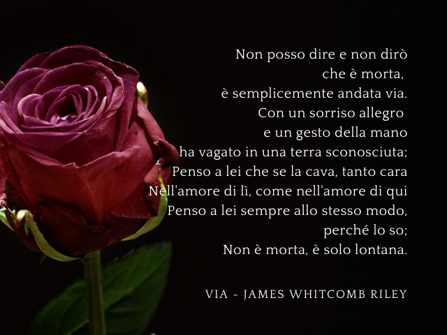 Non posso dire e non dirò che è morta, è semplicemente andata via. Con un sorriso allegro e un gesto della mano ha vagato in una terra sconosciuta; Penso a lei che se la cava, tanto cara Nell'amore di lì, come nell'amore di qui Penso a lei sempre allo ste
