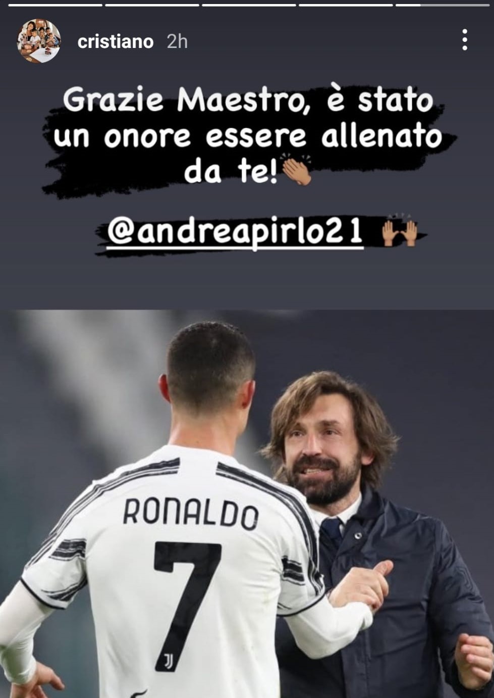 I ringraziamenti di Cristiano Ronaldo ad Andrea Pirlo, crediti: profilo Instagram Cristiano Ronaldo