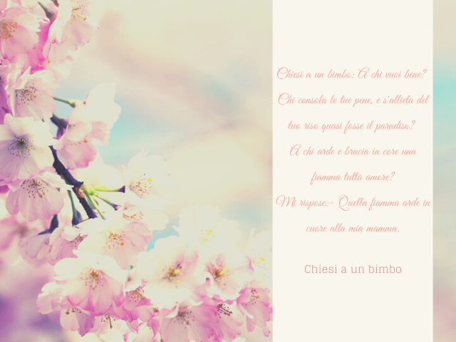 Chiesi a un bimbo: A chi vuoi bene? Chi consola le tue pene, e s'allieta del tuo riso quasi fosse il paradiso? A chi arde e brucia in core una fiamma tutta amore? Mi rispose:- Quella fiamma arde in cuore alla mia mamma. Chiesi a un bimbo