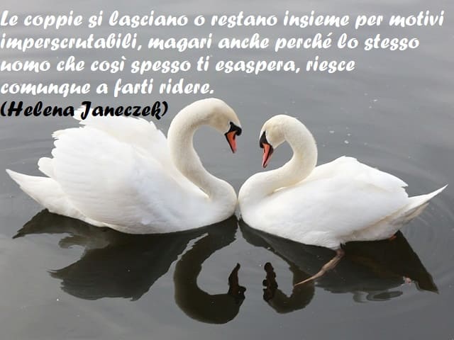 Le coppie si lasciano o restano insieme per motivi imperscrutabili, magari anche perché lo stesso uomo che così spesso ti esaspera, riesce comunque a farti ridere. (Helena Janeczek)