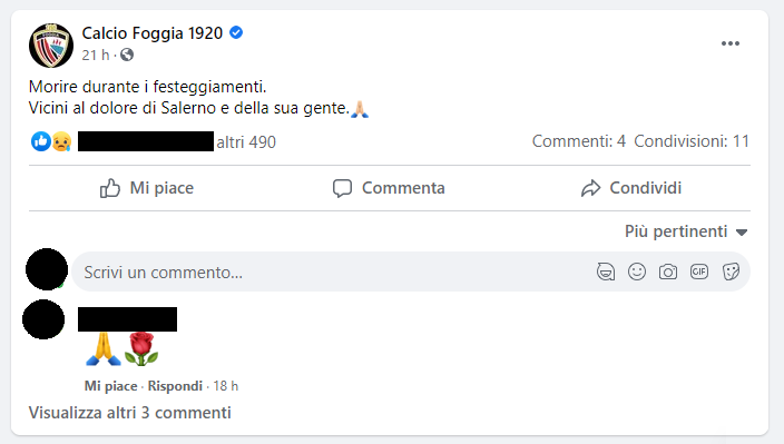 Foggia, il post per omaggiare l'ultras morto a Salerno