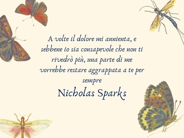 A volte il dolore mi annienta, e sebbene io sia consapevole che non ti rivedrò più, una parte di me vorrebbe restare aggrappata a te per sempre.(Nicholas Sparks)