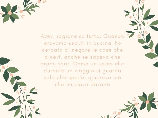 Avevi ragione su tutto. Quando eravamo seduti in cucina, ho cercato di negare le cose che dicevi, anche se sapevo che erano vere. Come un uomo che durante un viaggio si guarda solo alle spalle, ignoravo ciò che mi stava davanti.
