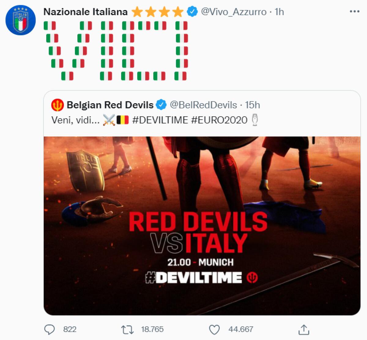 Nazionale, la risposta al "Veni, vidi..." del Belgio - Immagine in evidenza: il retweet (dal profilo ufficiale Twitter Nazionale Italiana)