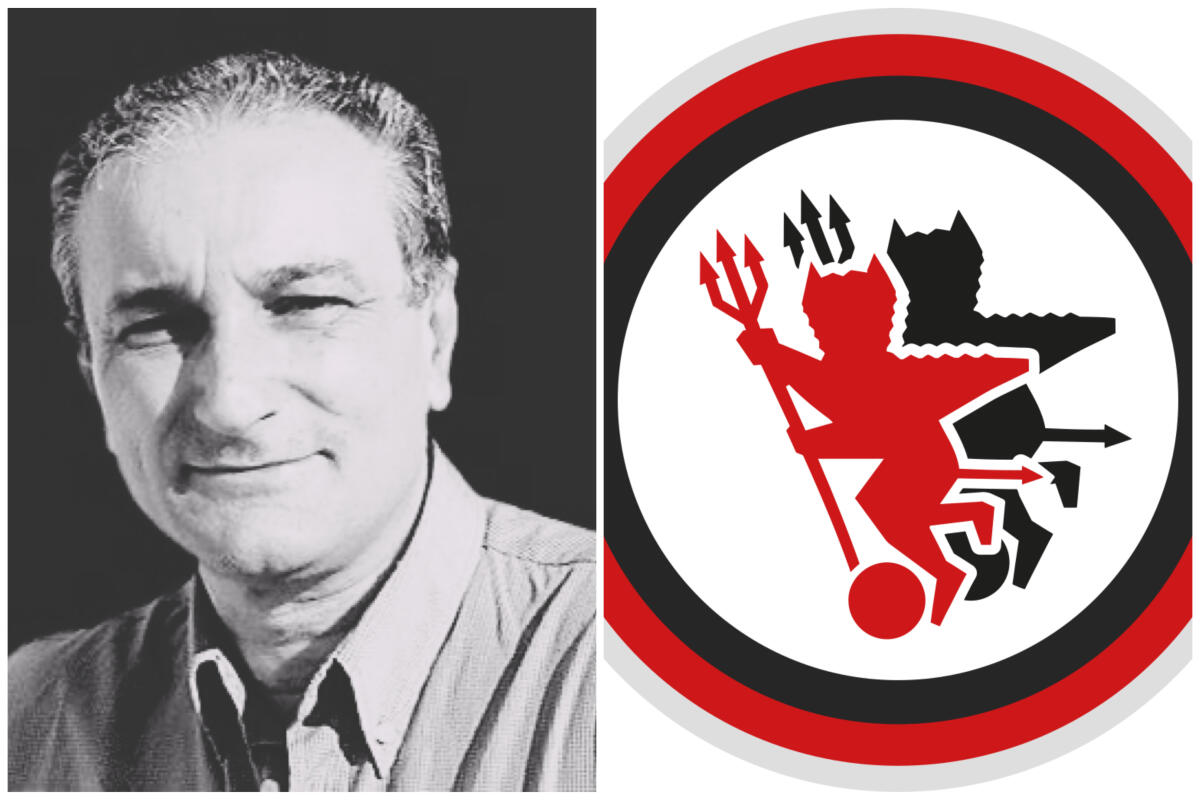 Così nacquero i Satanelli, lo storico racconto del “papà” Savino Russo - A sinistra Savino Russo (crediti GliAmiciDellaDomenica) in una rielaborazione in bianco e nero fatta da noi, a destra il logo dei Satanelli, crediti: Calcio Foggia 1920/Wikipedia