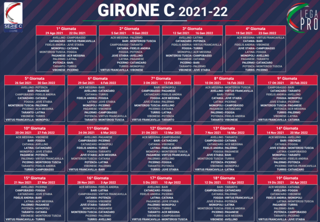 Il calendario del girone C, stagione Serie C 2021/2022 - crediti: dal sito ufficiale della Lega Pro