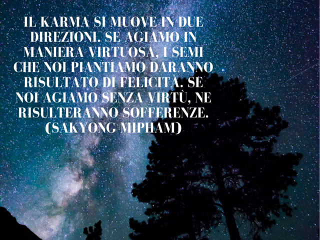 Il karma si muove in due direzioni. Se agiamo in maniera virtuosa, i semi che noi piantiamo daranno risultato di felicità. Se noi agiamo senza virtù, ne risulteranno sofferenze.(Sakyong Mipham)