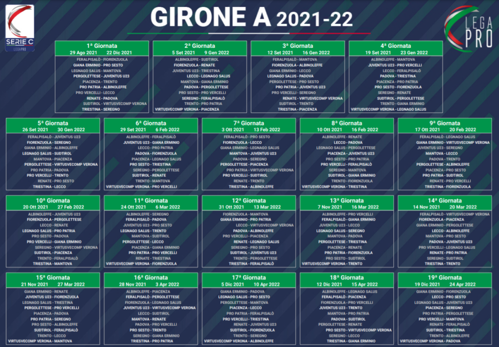 Il calendario del girone A, stagione Serie C 2021/2022 - crediti: dal sito ufficiale della Lega Pro
