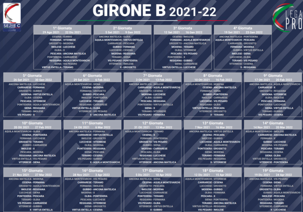 Il calendario del girone B, stagione Serie C 2021/2022 - crediti: dal sito ufficiale della Lega Pro