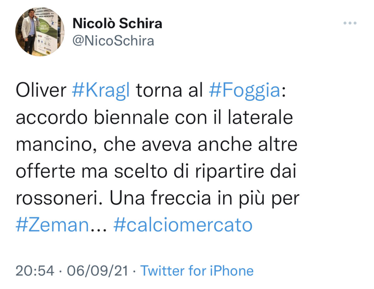 Schira: Kragl è del Calcio Foggia - 