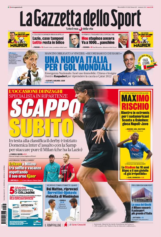 Rassegna stampa, le prime pagine dei quotidiani sportivi di oggi