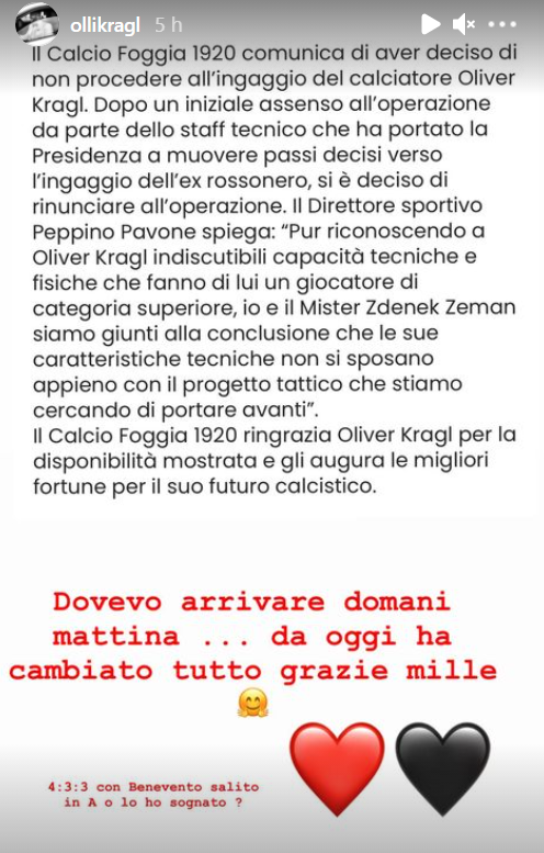L'Instagram Story di Oliver Kragl, dal profilo ufficiale Instagram del calciatore