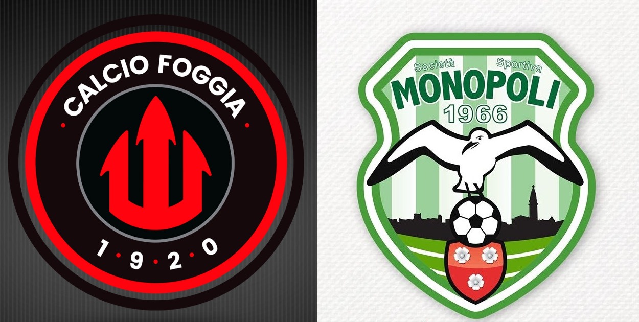 Immagine in evidenza: Foggia-Monopoli - crediti foto (rispettivamente per i due stemmi): pagine Facebook ufficiali delle due società