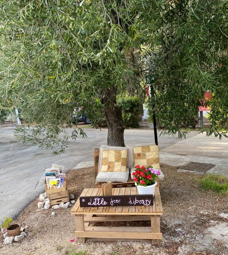 Quello che non ti aspetti nel villaggio turistico, una libreria accanto agli ulivi