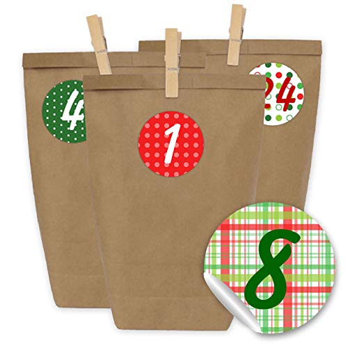 PaPIerDraCHeN Calendario dell'Avvento da riempire 2021-24 Sacchetti Regalo e 24 Numeri Adesivi e Clip - Motivo Classico con Motivo - da riempire e Craft - Natale 2021 - Mini Set No 5