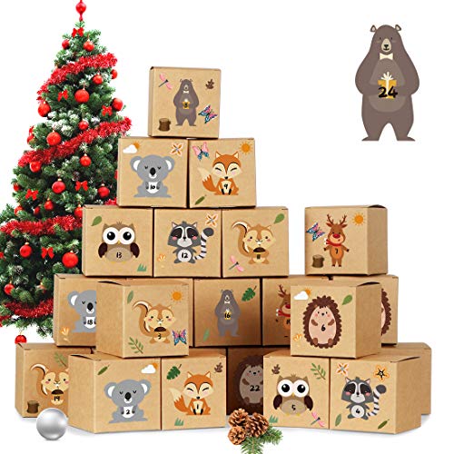 Calendario Dell'avvento 2021, Avvento Calendario Avvento da Riempire, Scatole di Carta Kraft, Scatole di Natale con 1-24 Numerici Animali Adesivi