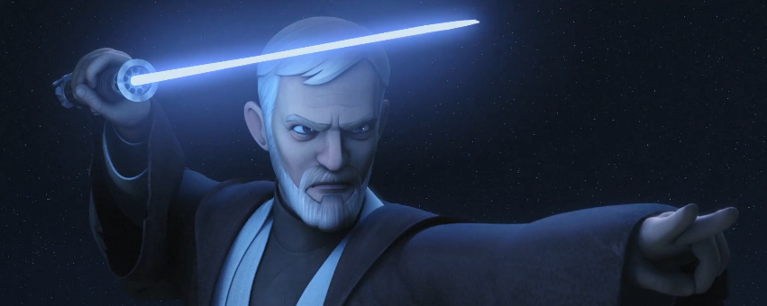 Obi-Wan Kenobi sfodera la spada laser in Rebels (Nella classica posizione del Soresu)