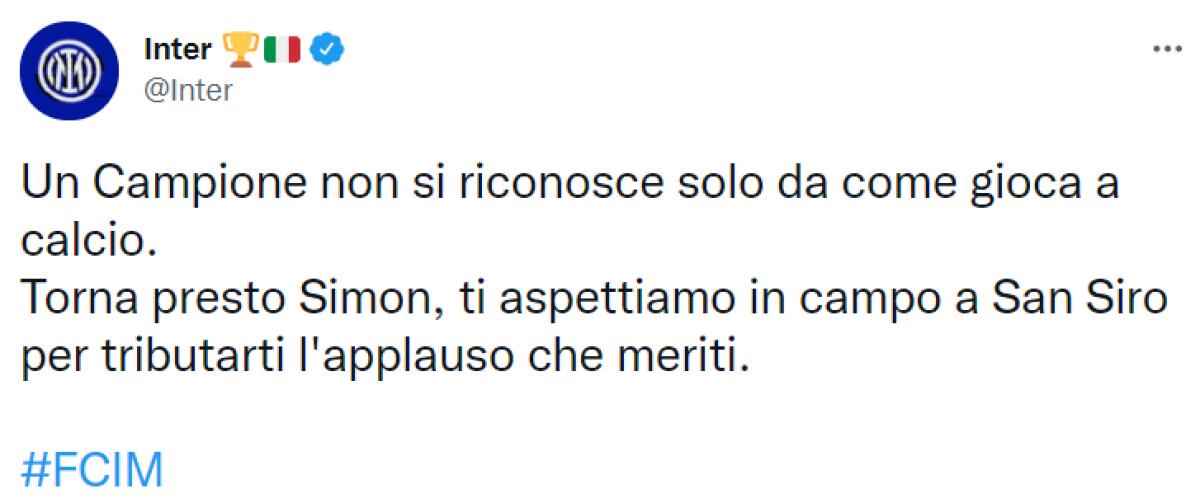 Inter, il bellissimo tweet per Kjær: "Torna presto Simon" - Il tweet dell'Inter per Simon Kjær