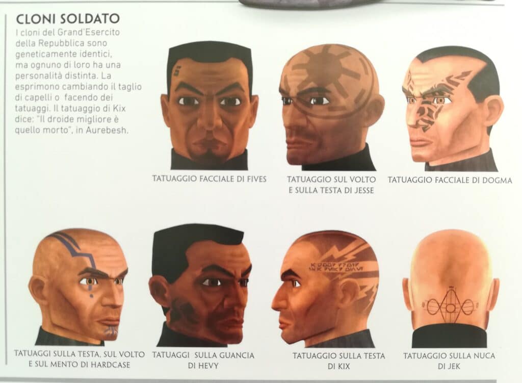 I diversi tatuaggi facciali dei più celebri cloni soldato (Fonte: Star Wars. L'enciclopedia della galassia. Ediz. illustrata, 2017, p.123)